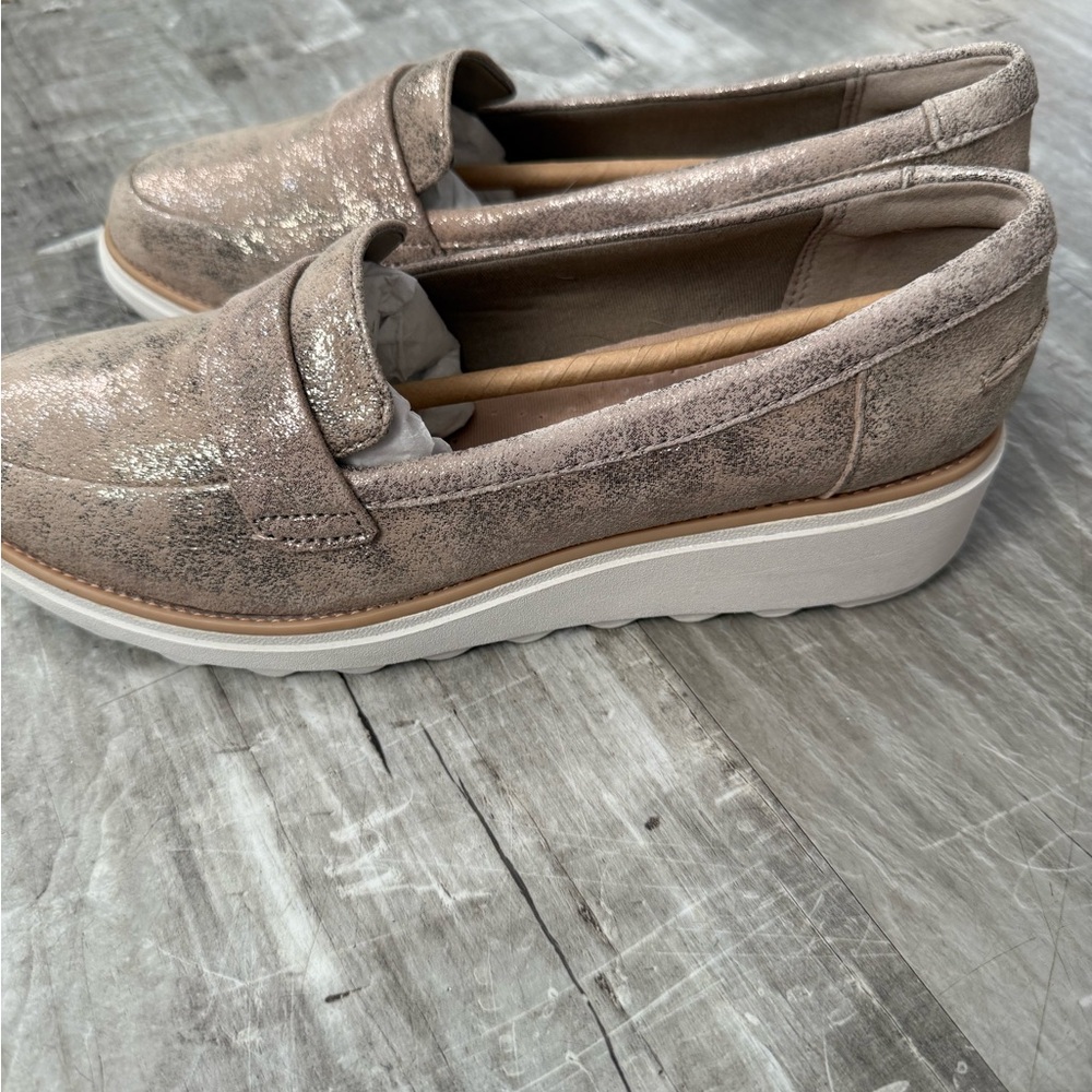 Clarks Metallic Taupe Suede Loafers - Picture 2 of 5